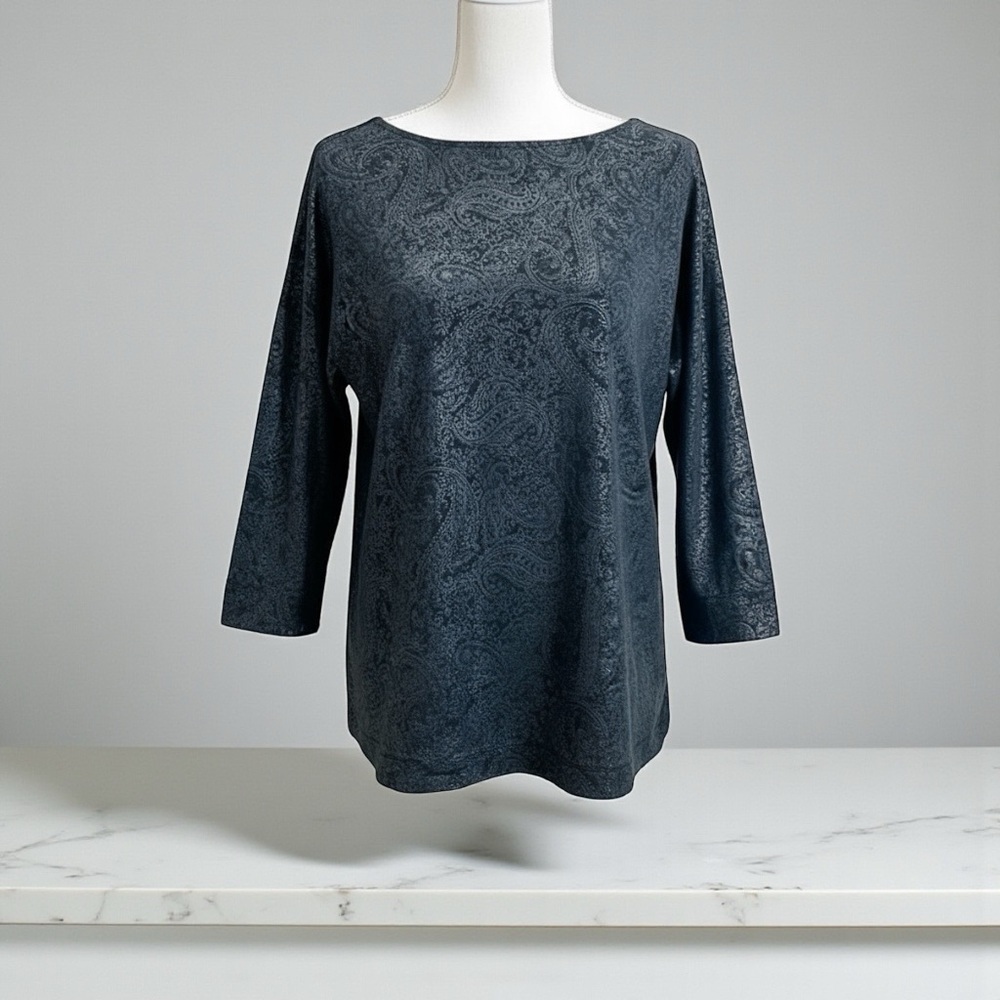 Ralph‎ Lauren Womens M Black Damask Print 3/4 Sleeve Scoop Neck Stretch Top